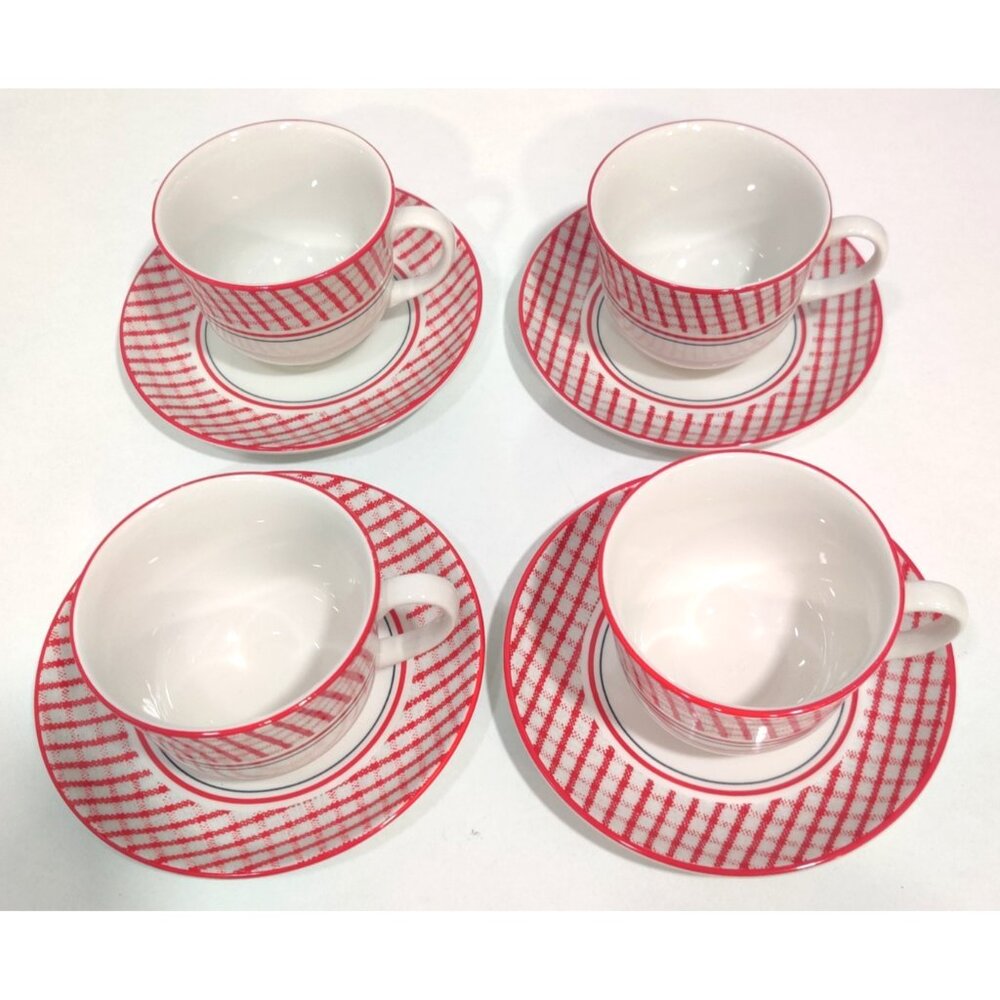 2 Ralph Lauren Wedgwood Homestead Cups & Saucers  England Red White Checker